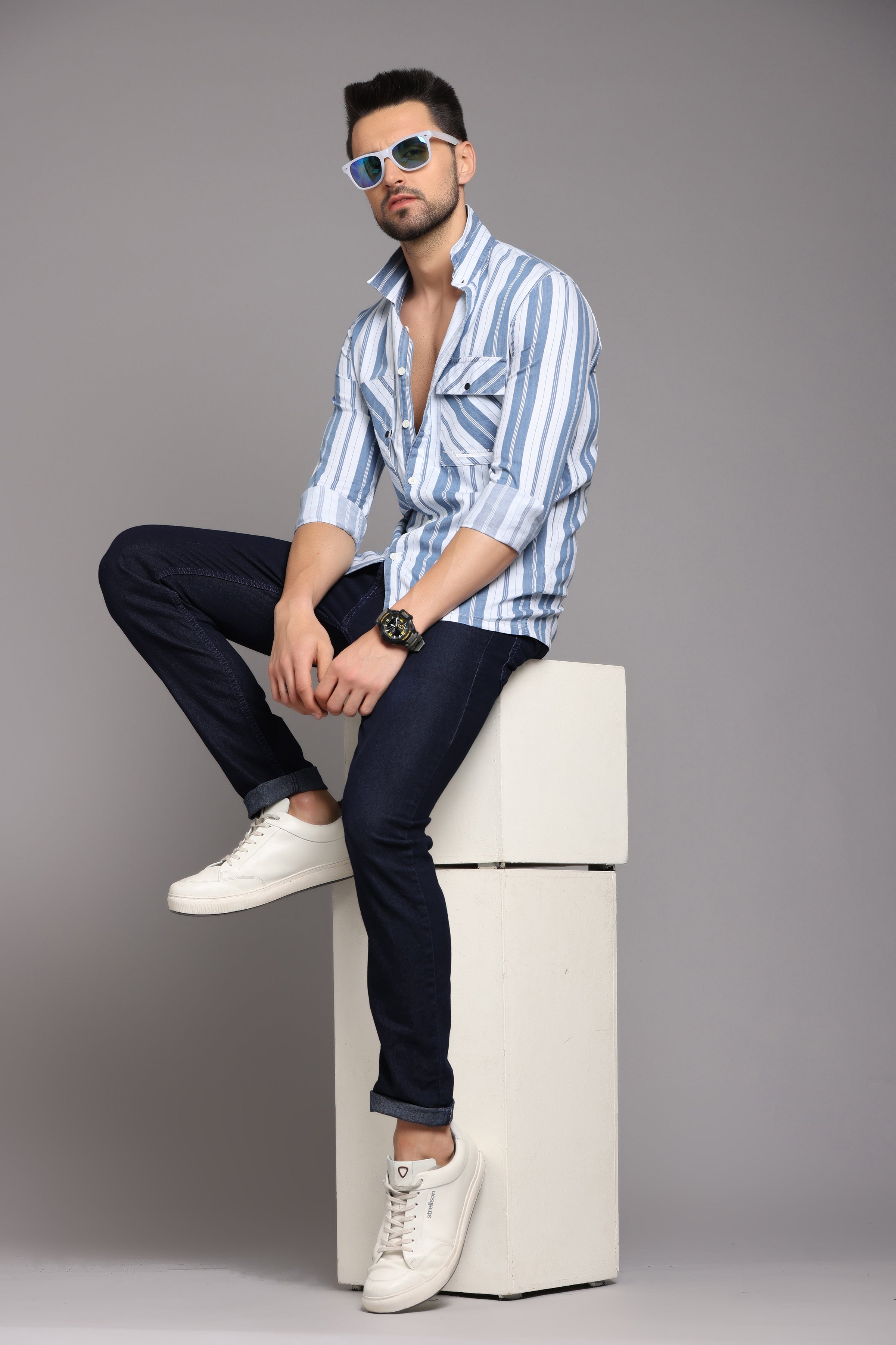 Blue and White Striped Full Sleeve Shirt Shirts Project 30 