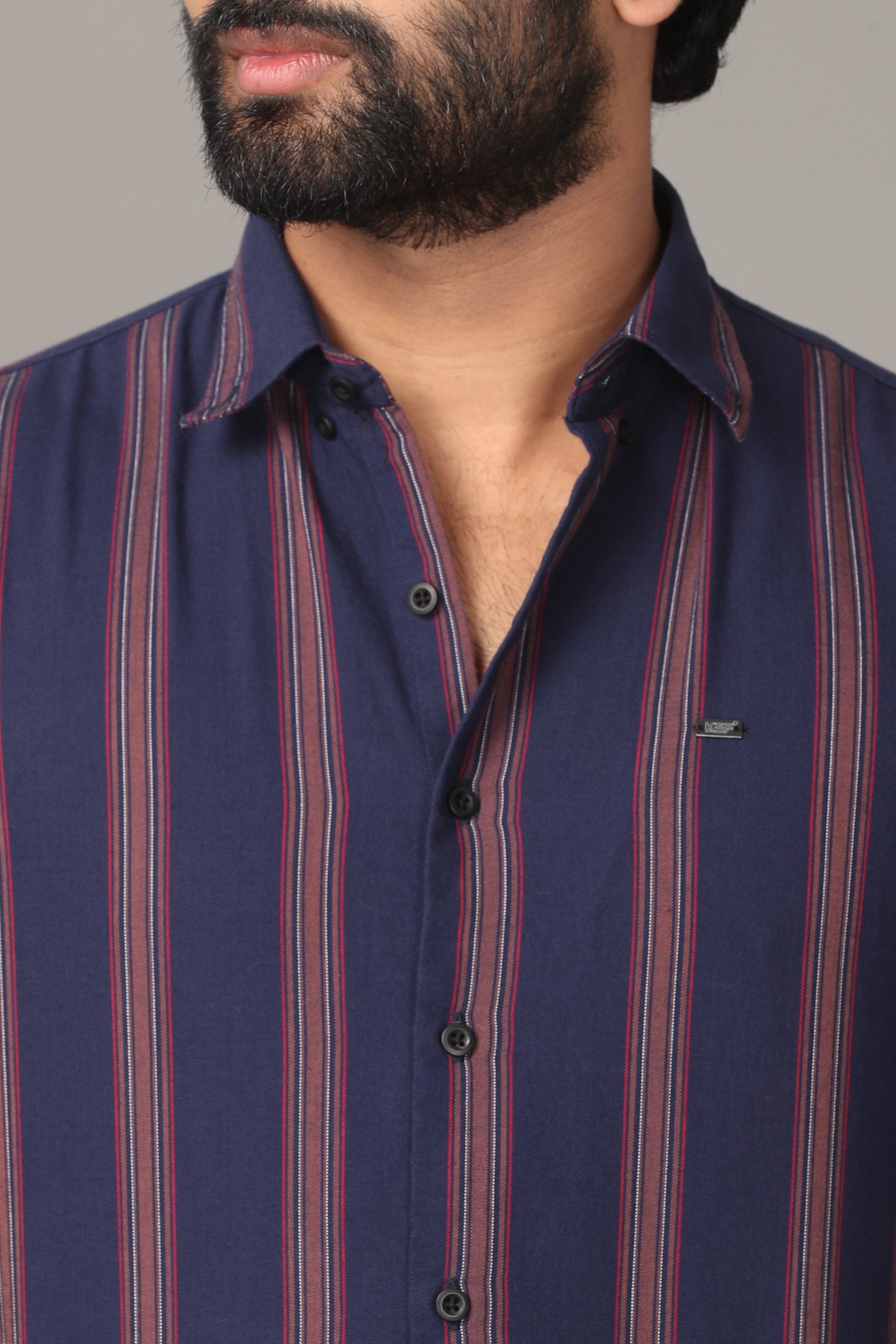 Dark Blue Full Sleeve Shirt with Brown Stripes Shirts KEF 