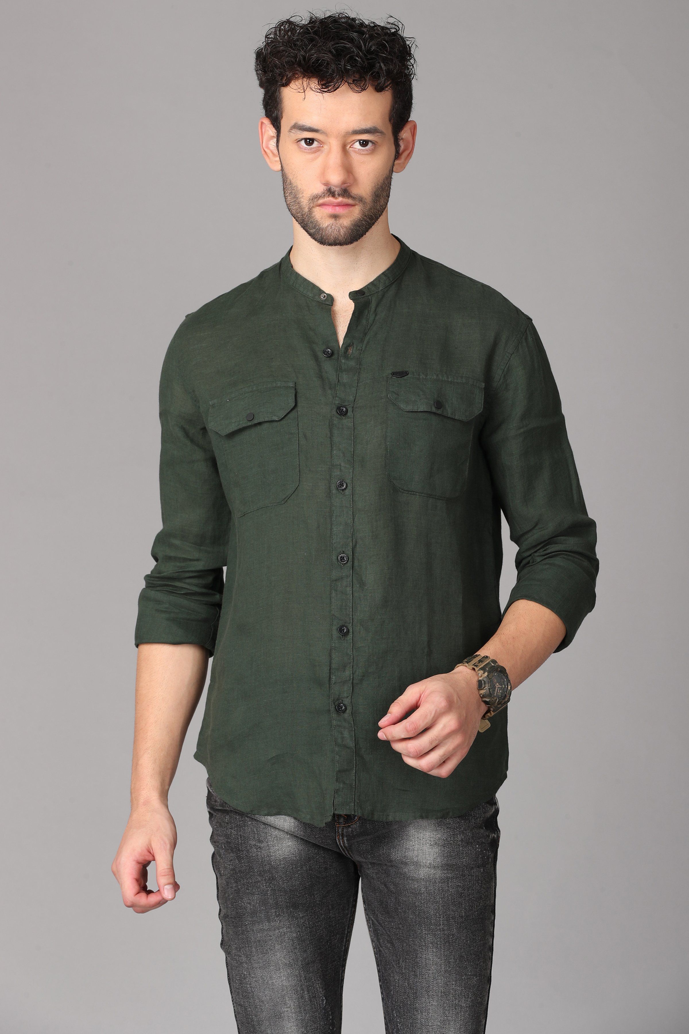 Dark Green Linen Shirt Shirts KEF S 