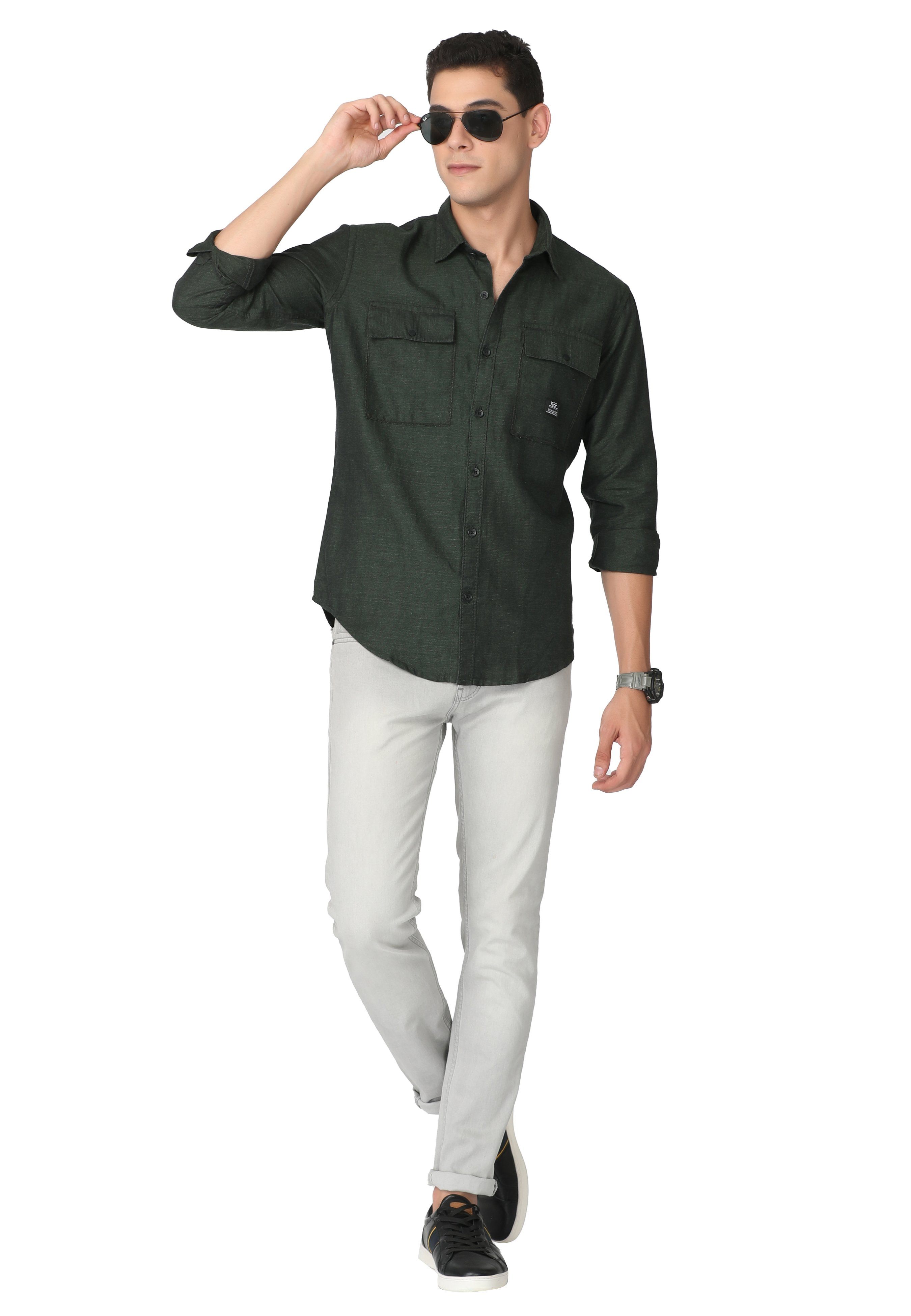 Green Solid Regular Fit Casual Shirt Shirts KEF 