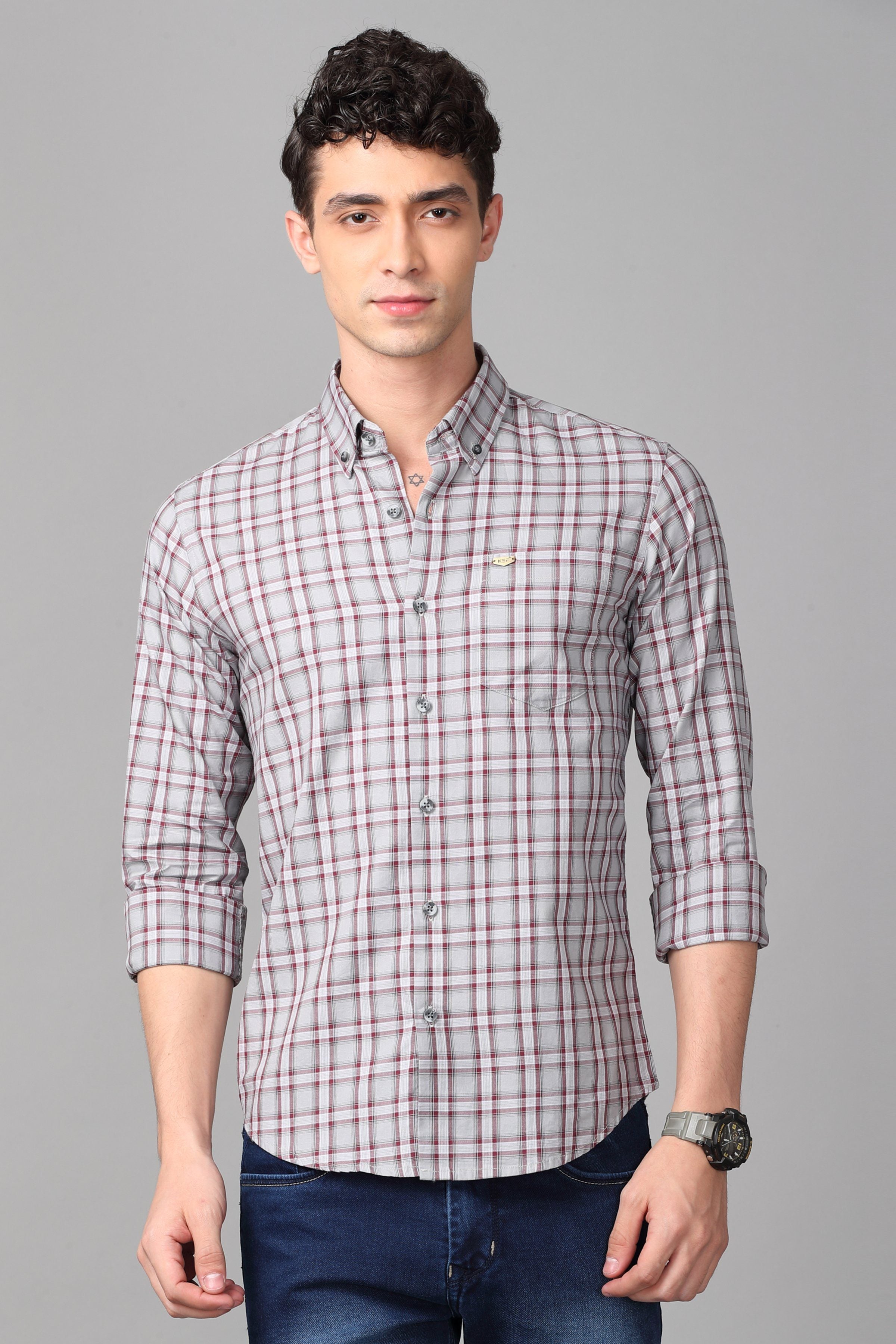 Grey with Red Checks Shirt Shirts KEF 