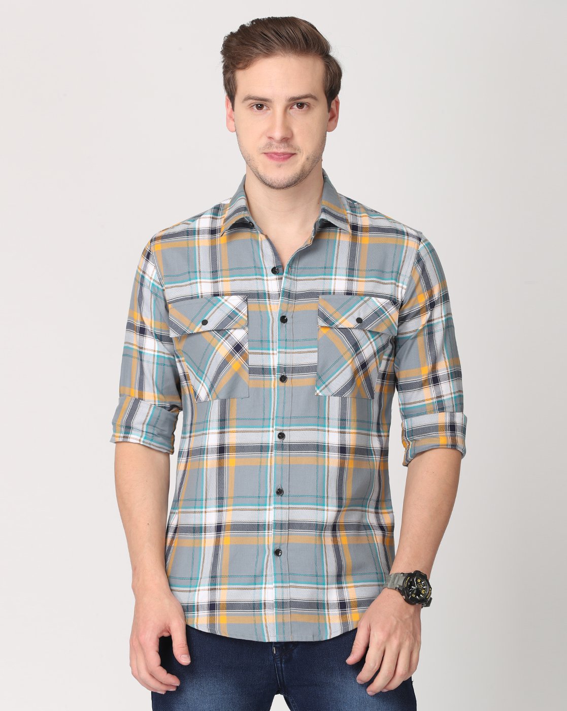 Grey, Yellow and Light Blue Double Pocket Shirt Shirts KEF 