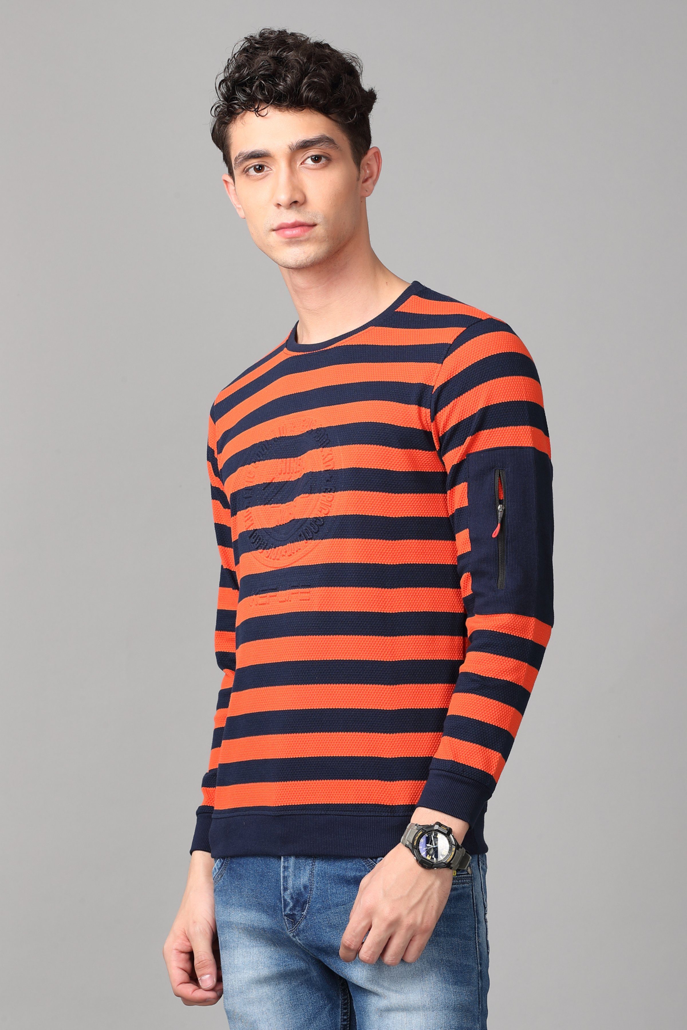 KEF Men's Orange & Black Striped Pullover Sweater Sweater KEF S 