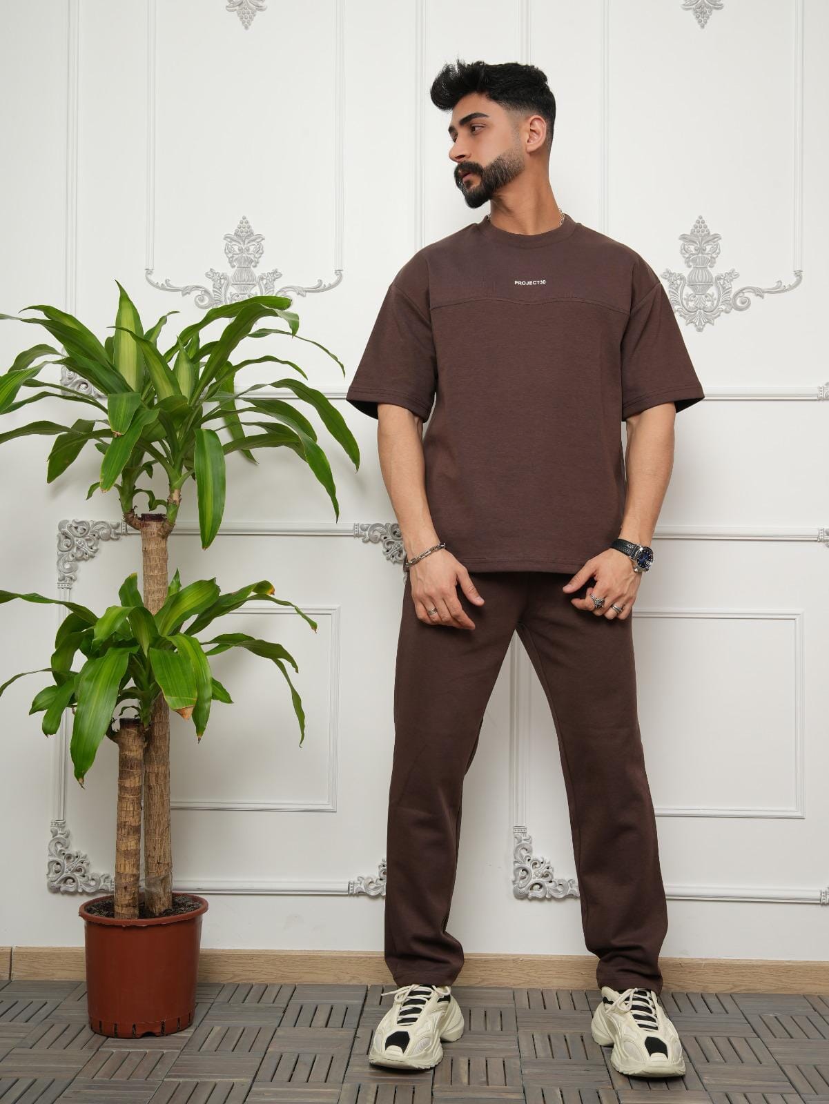 Men Solid Tee & Pants Set Co-ords Project 30 S Brown 