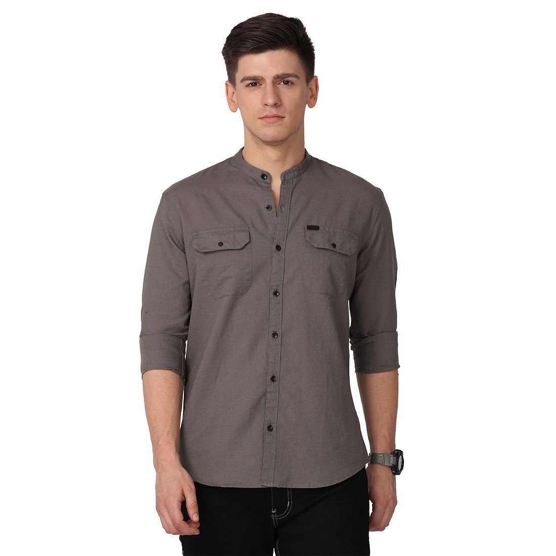 Men's Long Sleeve Band Collar Shirt Shirts KEF M Grey 