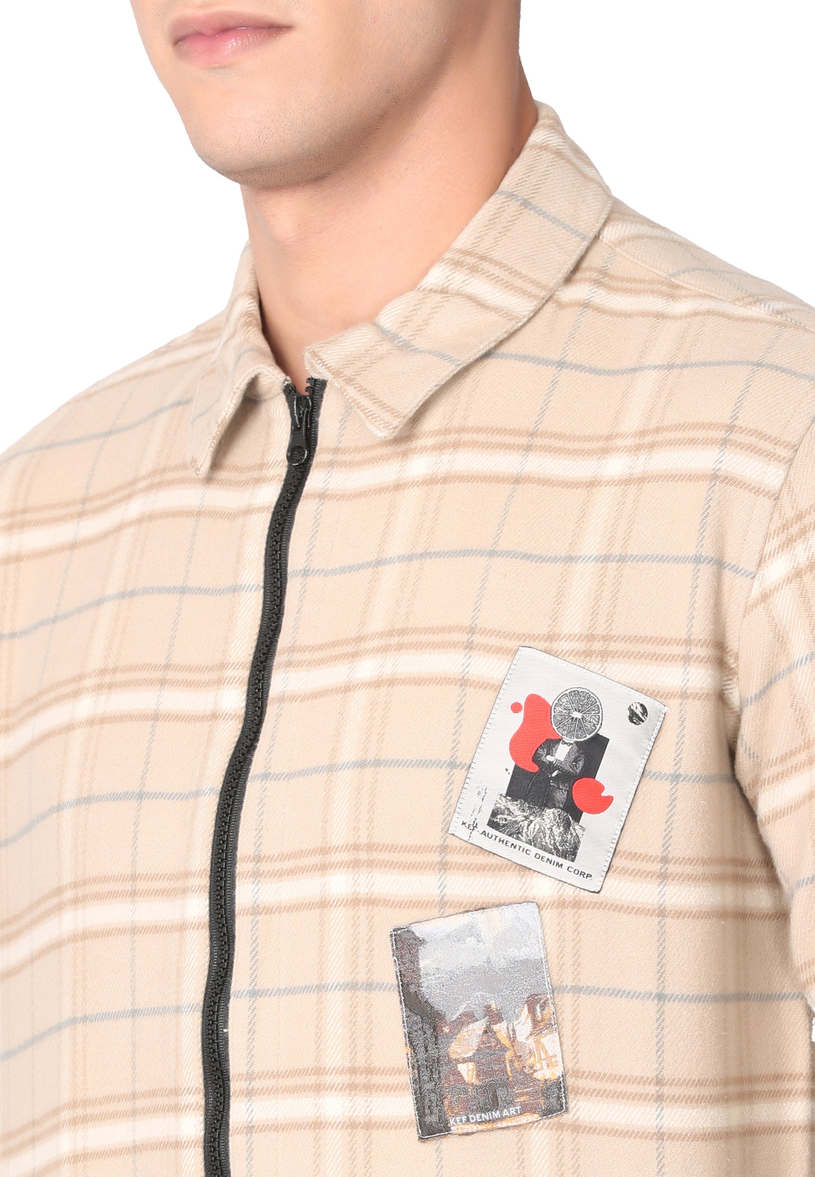 Pale Brown Print Zipper Jacket Over shirt KEF 