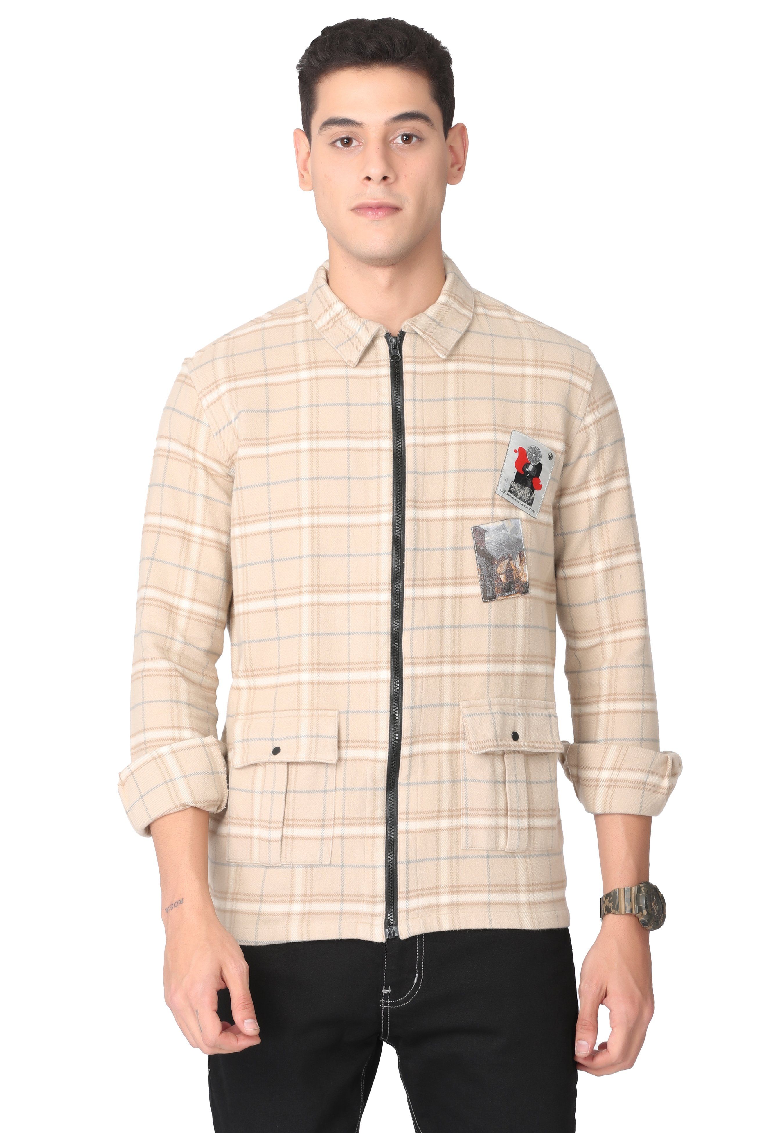 Pale Brown Print Zipper Jacket Over shirt KEF S 