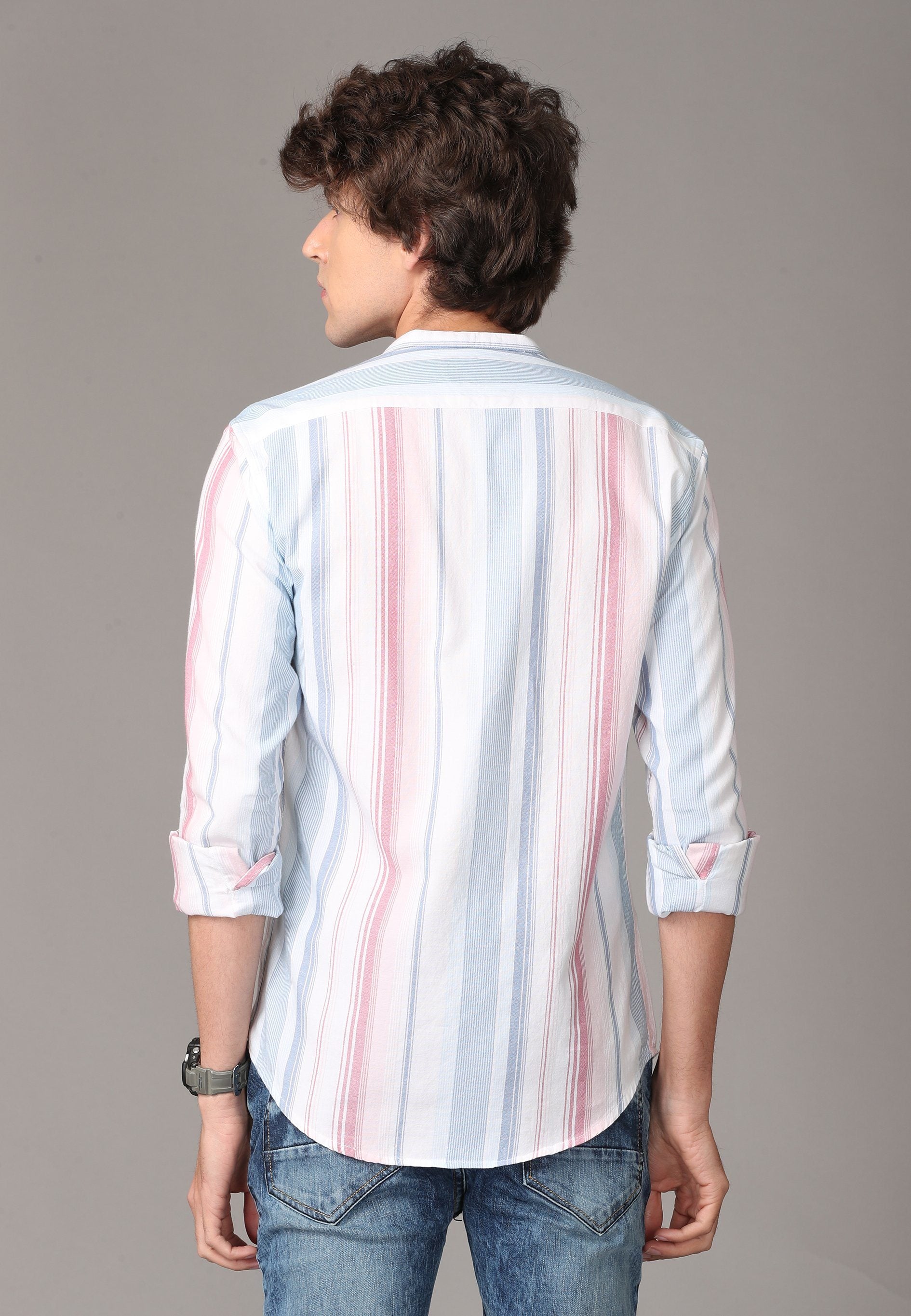 Red, Blue and White Triple Striped Full Sleeve Shirt Shirts KEF 