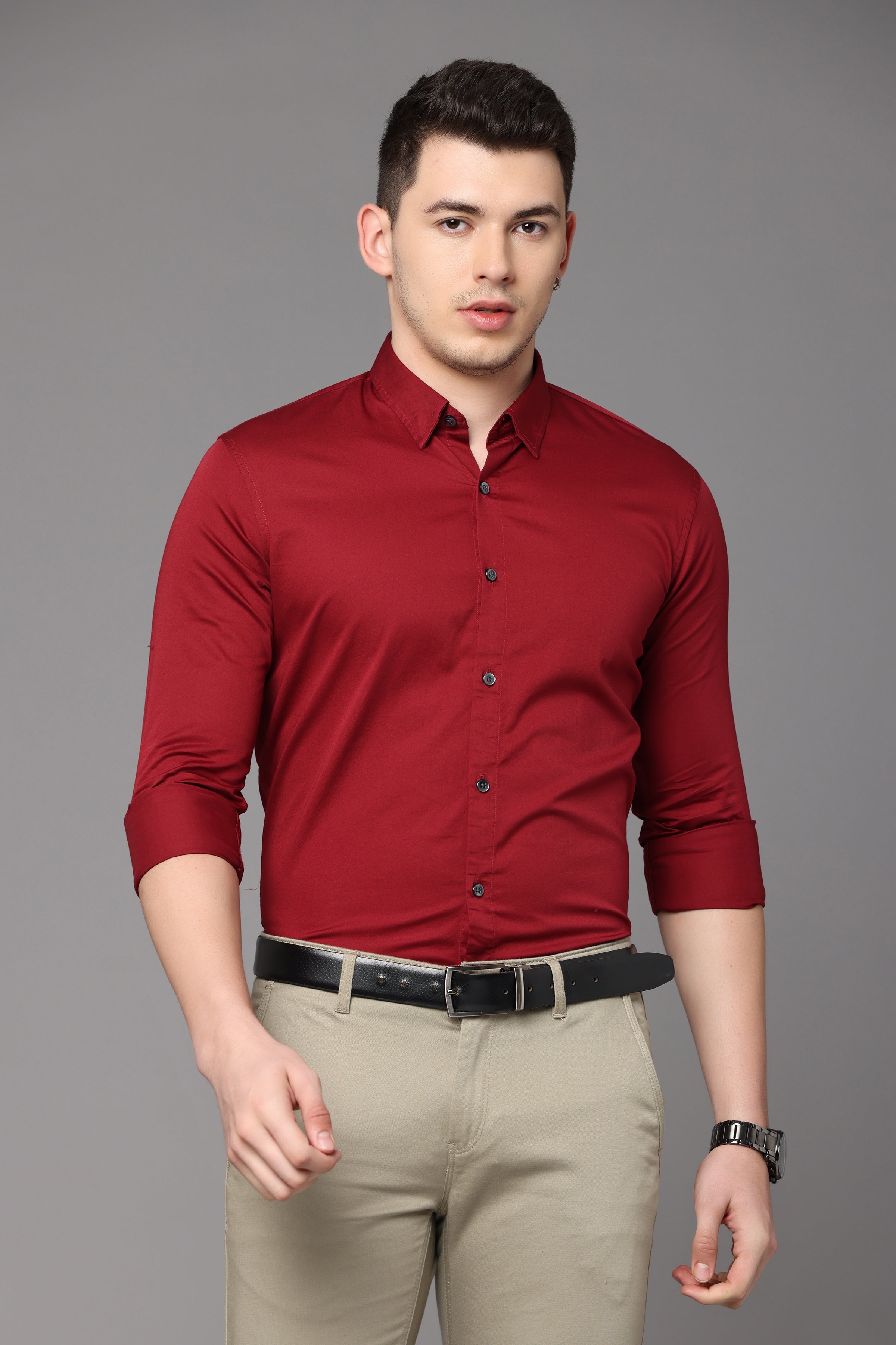Red Plain Slim Fit Shirt Shirts KEF S 