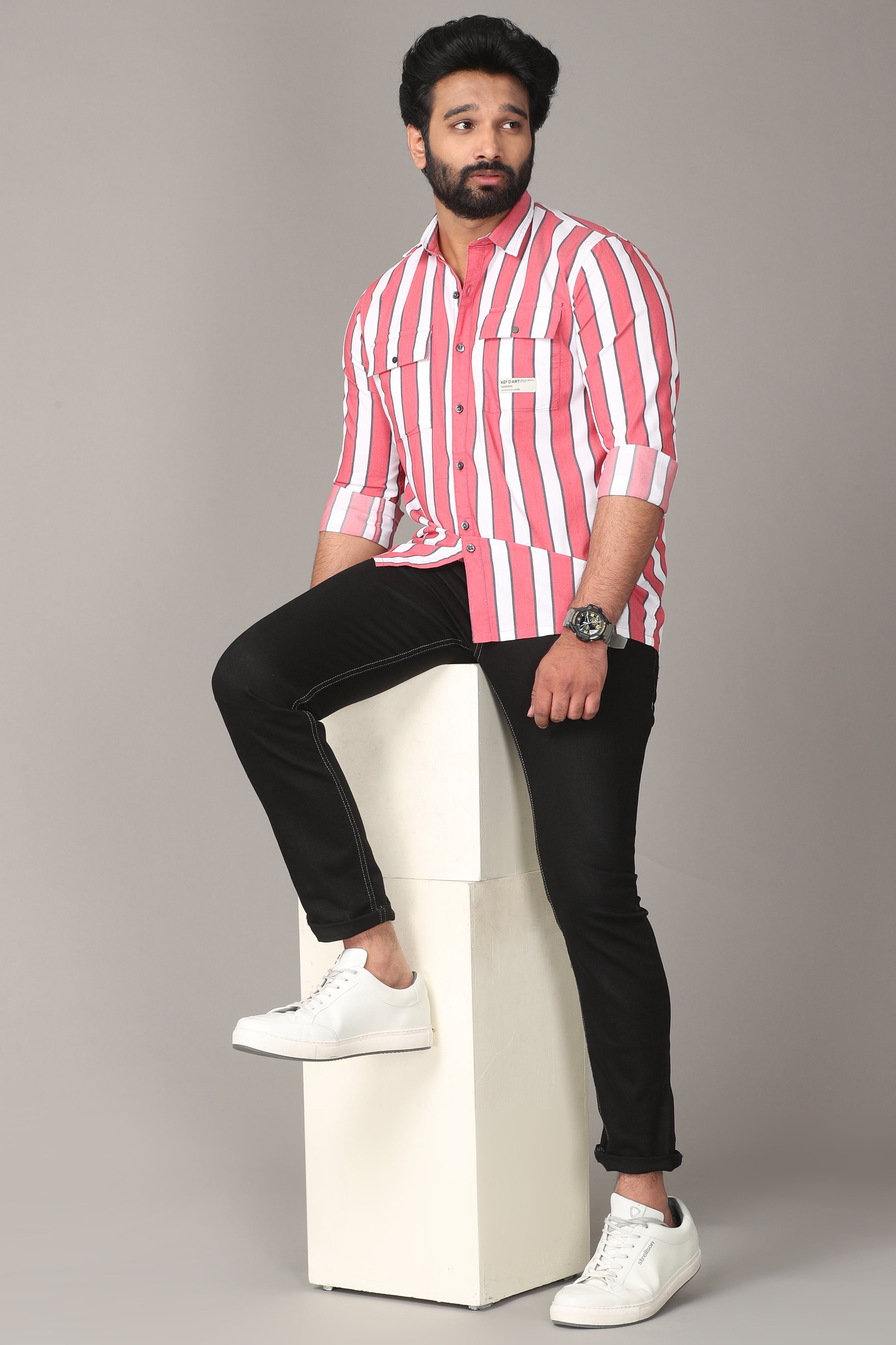 Rose Dual White Striped Full Sleeve Shirt Shirts KEF 