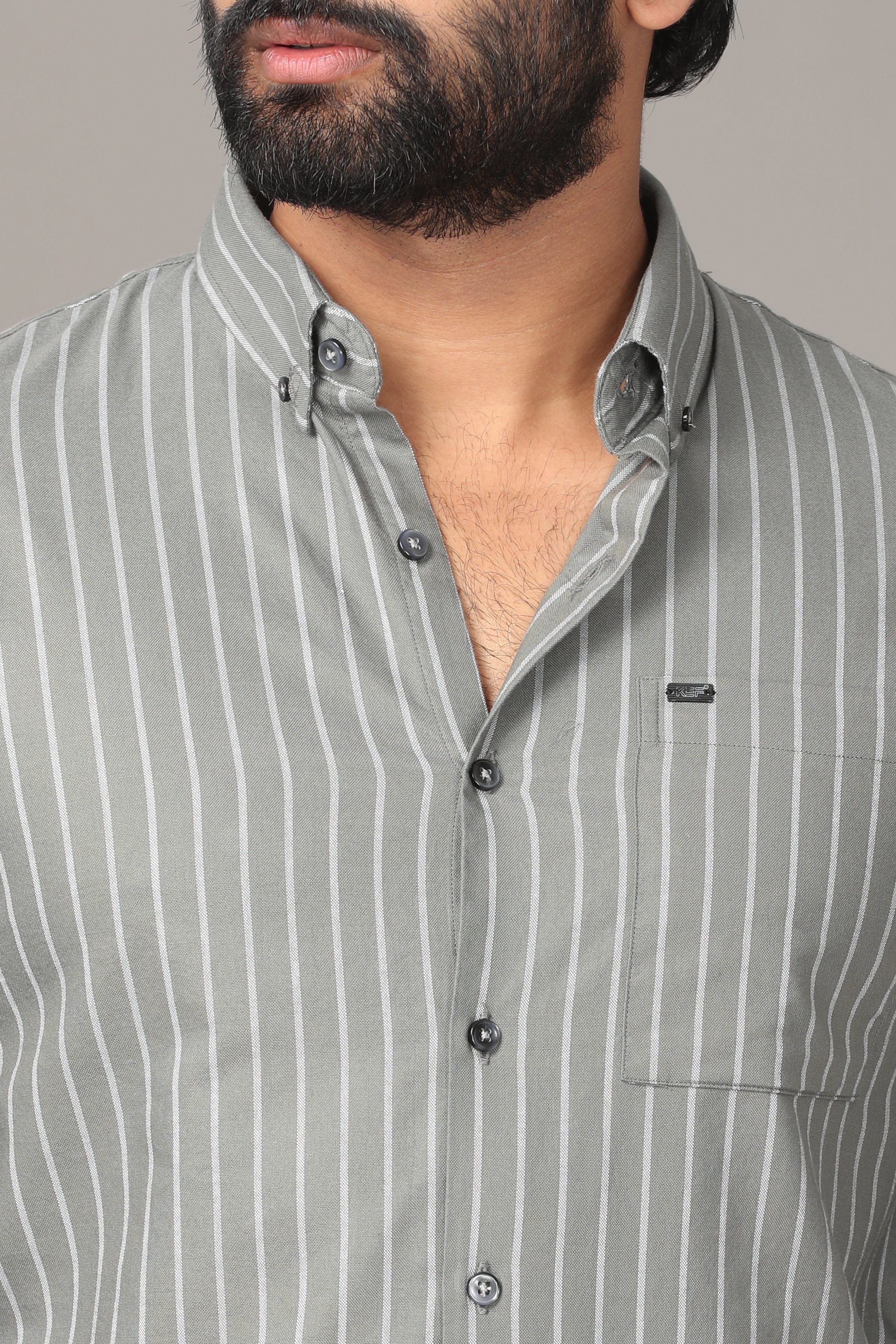 Silvery Grey Metallic Striped Full Sleeve Shirt Shirts KEF 