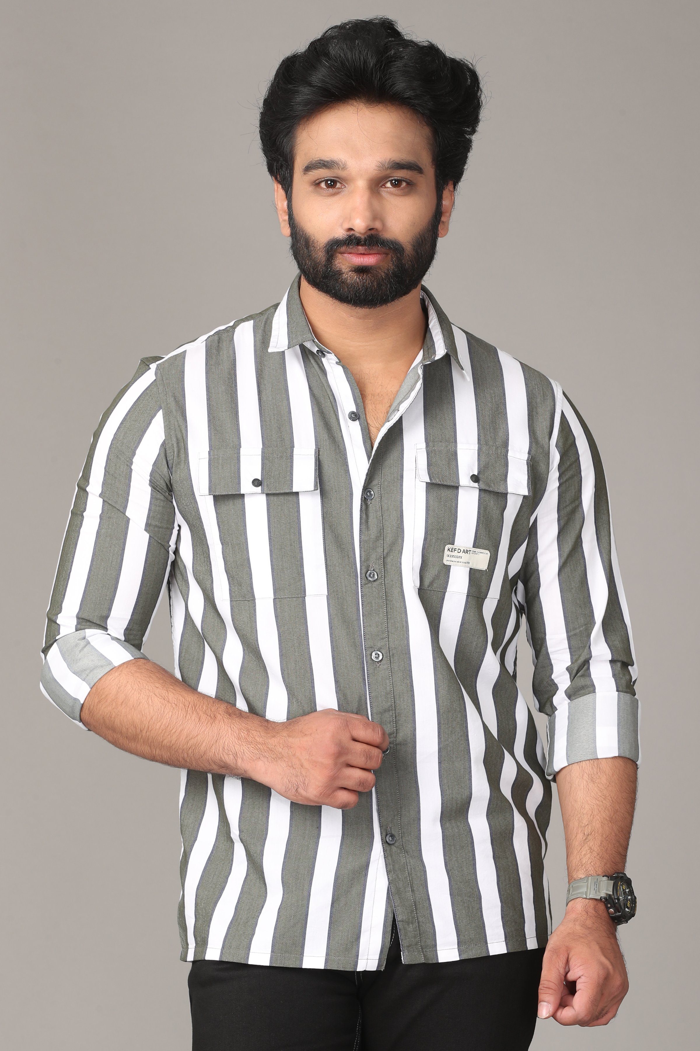 White and Grey Stripe Full Sleeve Shirt Shirts KEF S 
