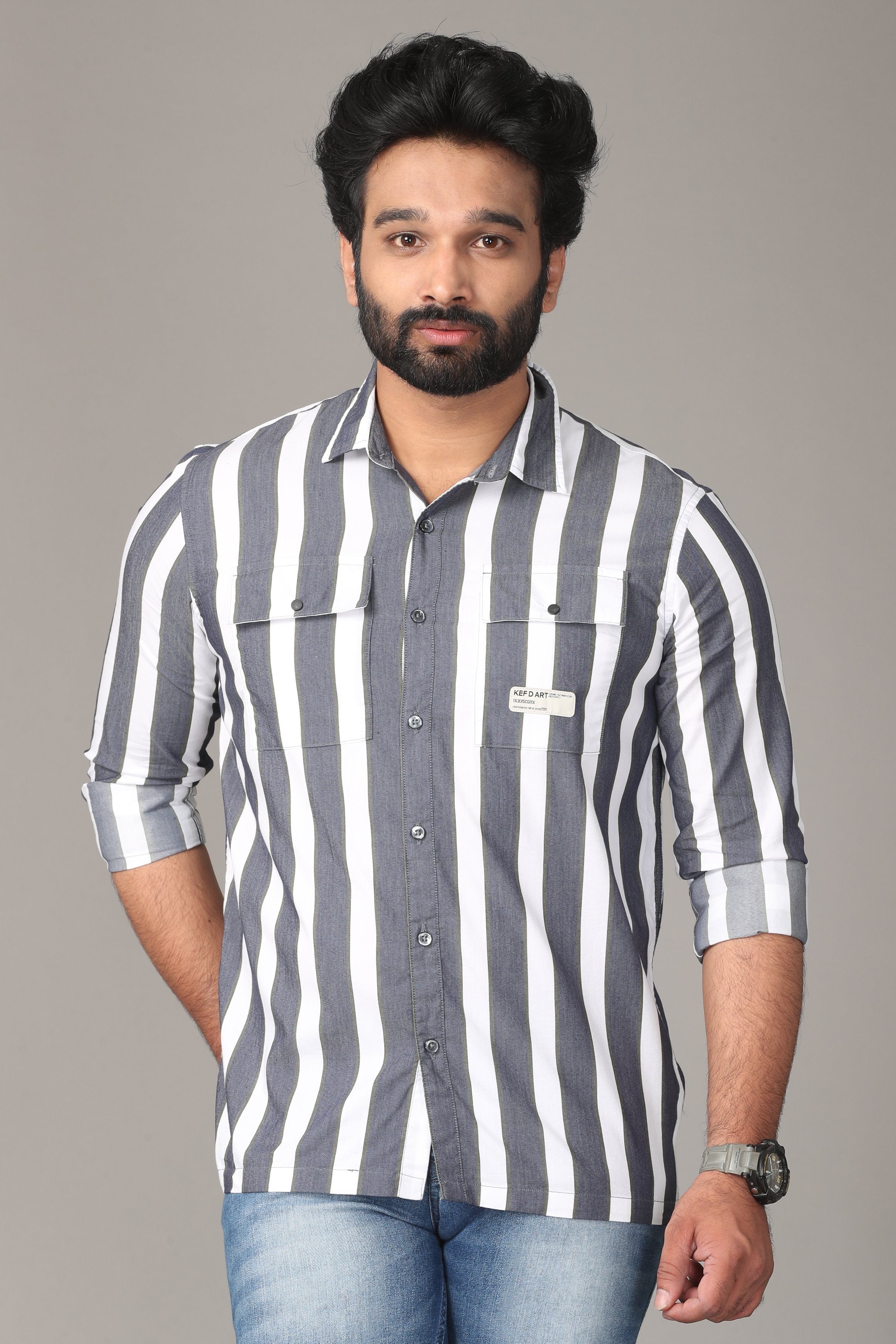 White and Grey Striped Full Sleeve Shirt Shirts KEF S 