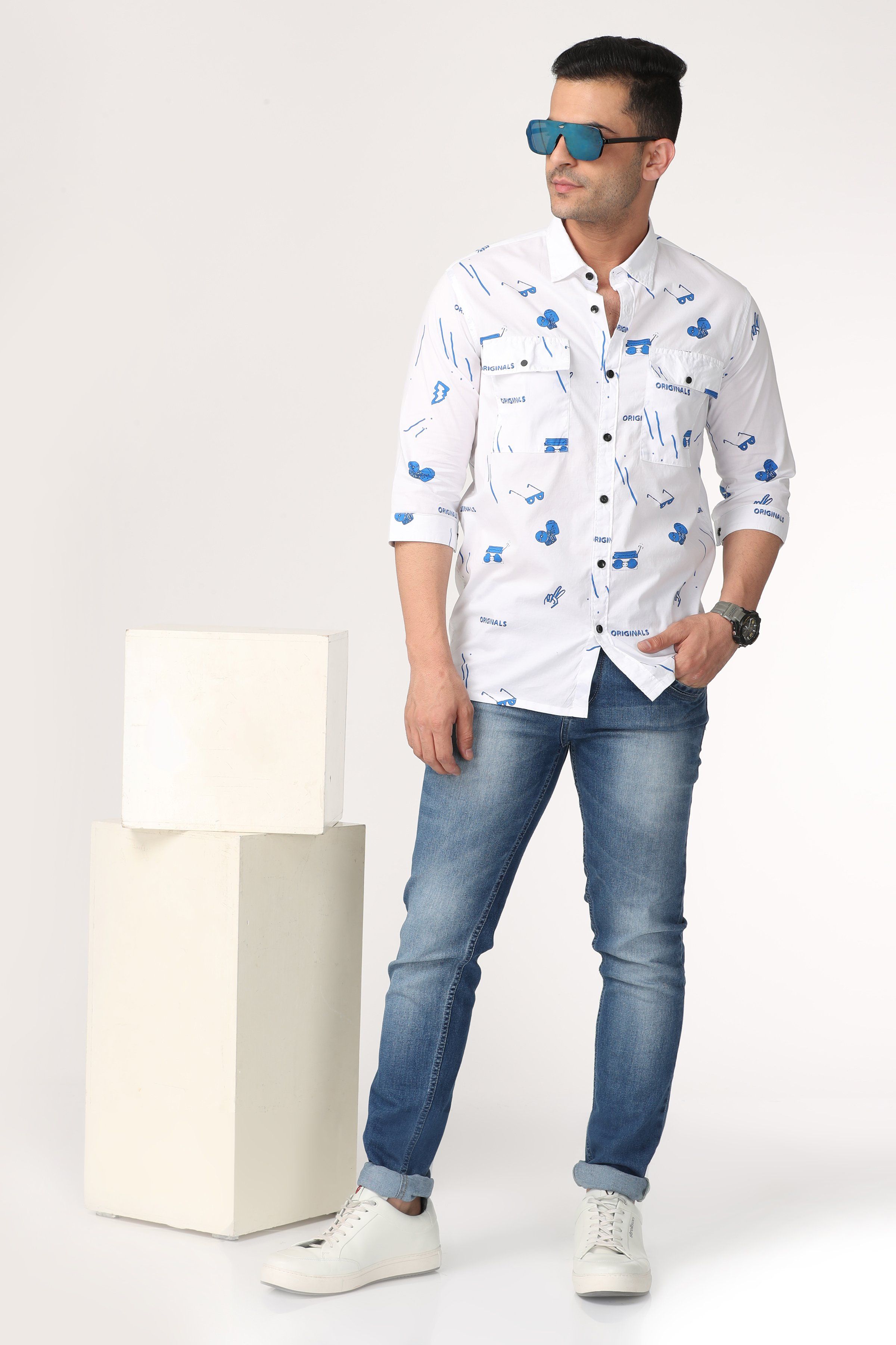 White with Blue Pattern Full Sleeve Shirt Shirts KEF 